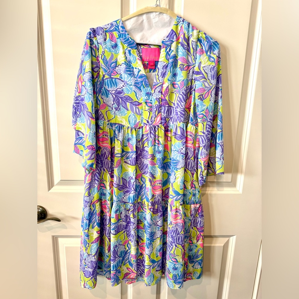 Lilly Pulitzer Martine dress in dew drop stay fly print, green/purple, XS.